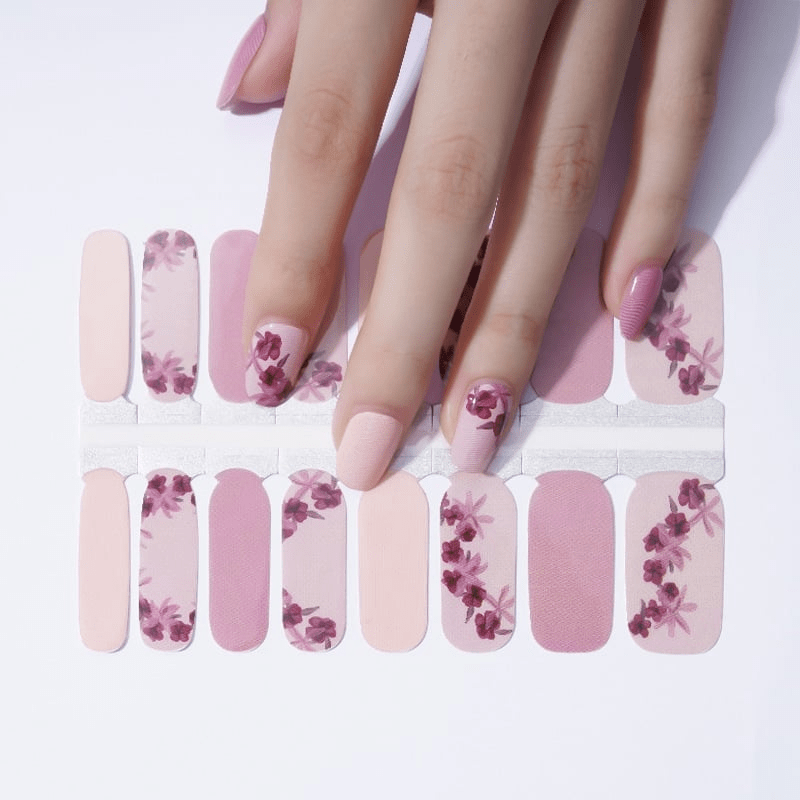 Non-UV nail wraps sheet featuring pink and burgundy rose floral patterns for manicure