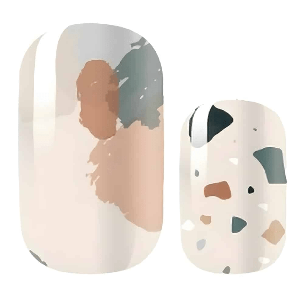 Terrazzo pattern nail wraps showing neutral speckled stone design for at-home manicure