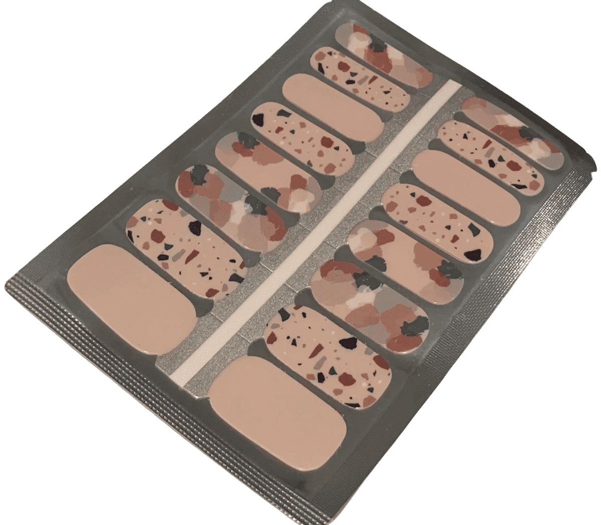 Sheet of terrazzo nail wraps with nude base and grey speckled design
