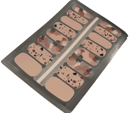 Sheet of terrazzo nail wraps with nude base and grey speckled design