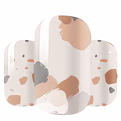 Terrazzo nail wraps with neutral brown and grey speckled stone pattern for at-home manicures