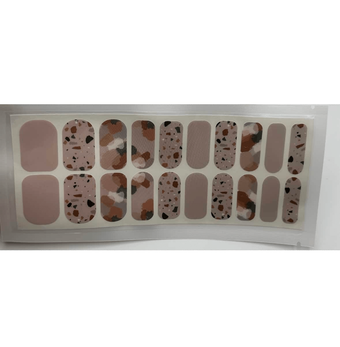 Complete set of terrazzo nail wraps in brown grey stone pattern with 20 pieces