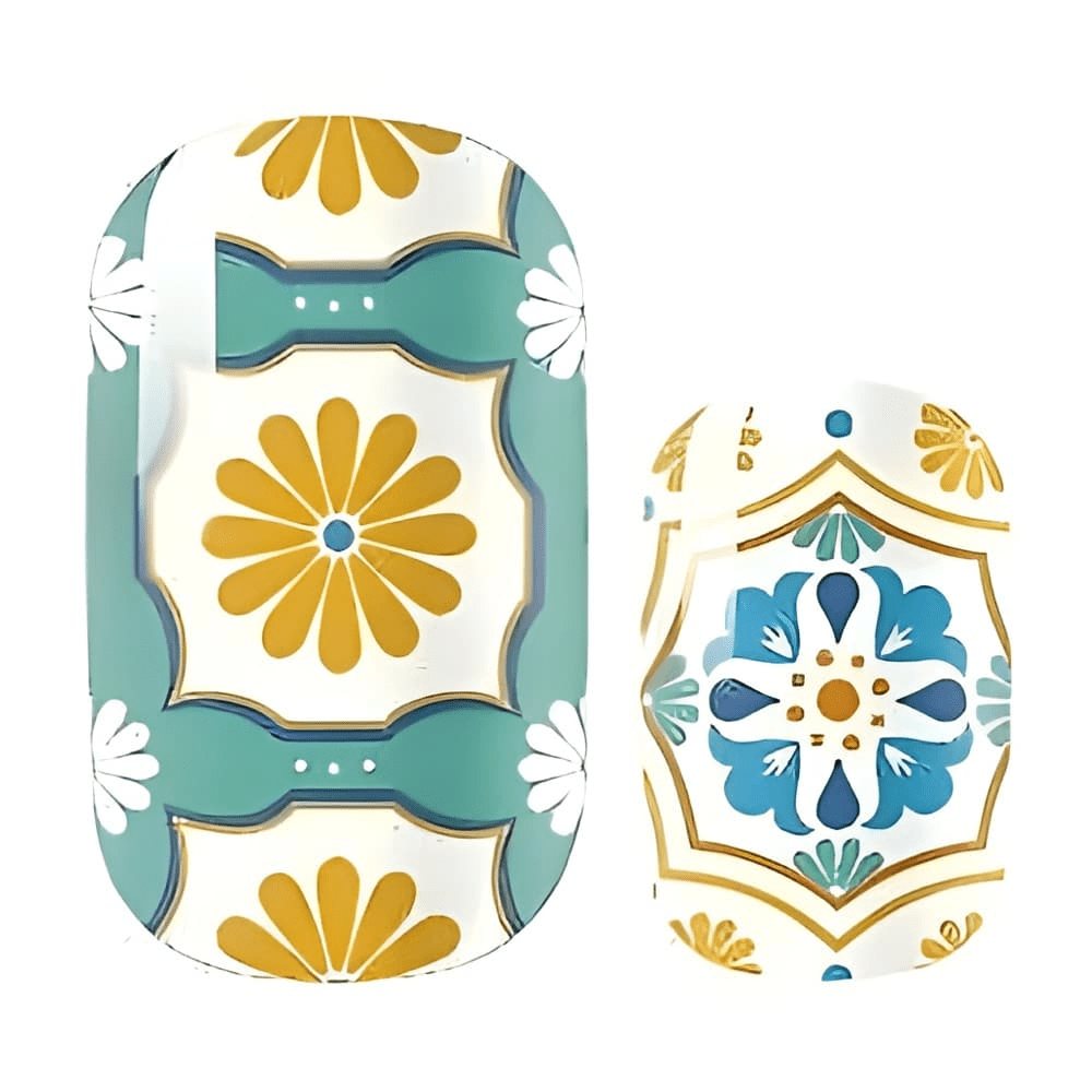 Retro nail wraps showing blue orange daisy patterns and geometric florals on white