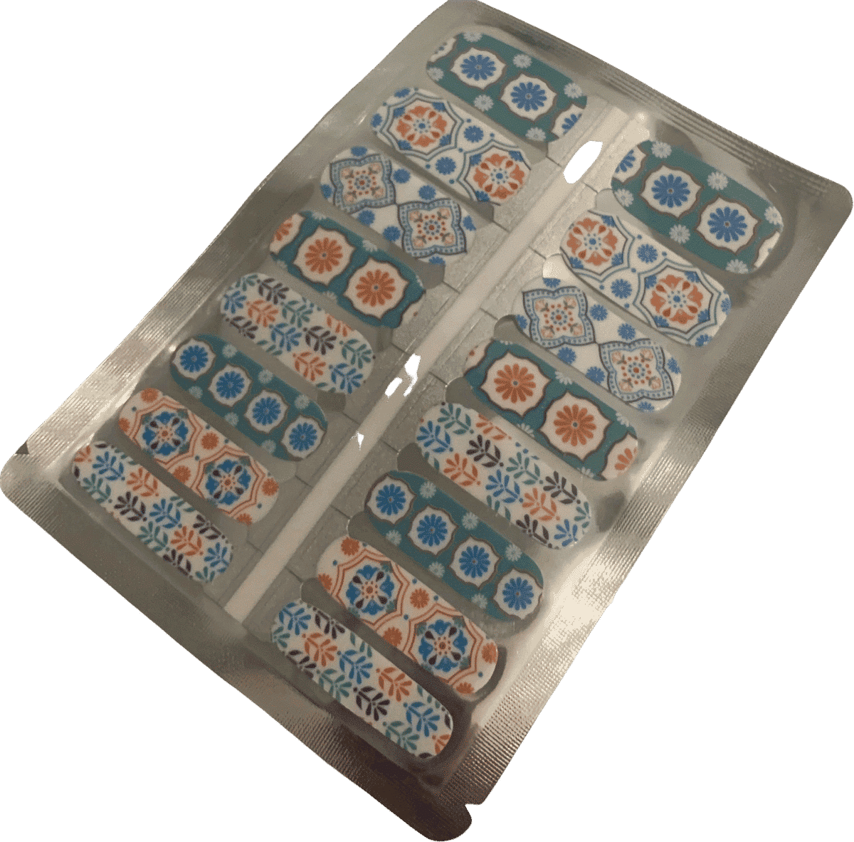 Non-UV nail wraps sheet featuring blue orange 70s floral and geometric patterns