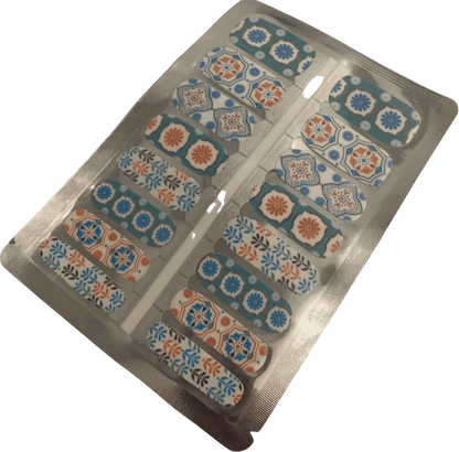 Non-UV nail wraps sheet featuring blue orange 70s floral and geometric patterns