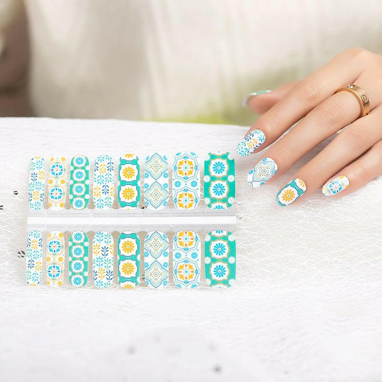 Vintage floral nail wraps sheet with blue orange green boho patterns for at-home manicure