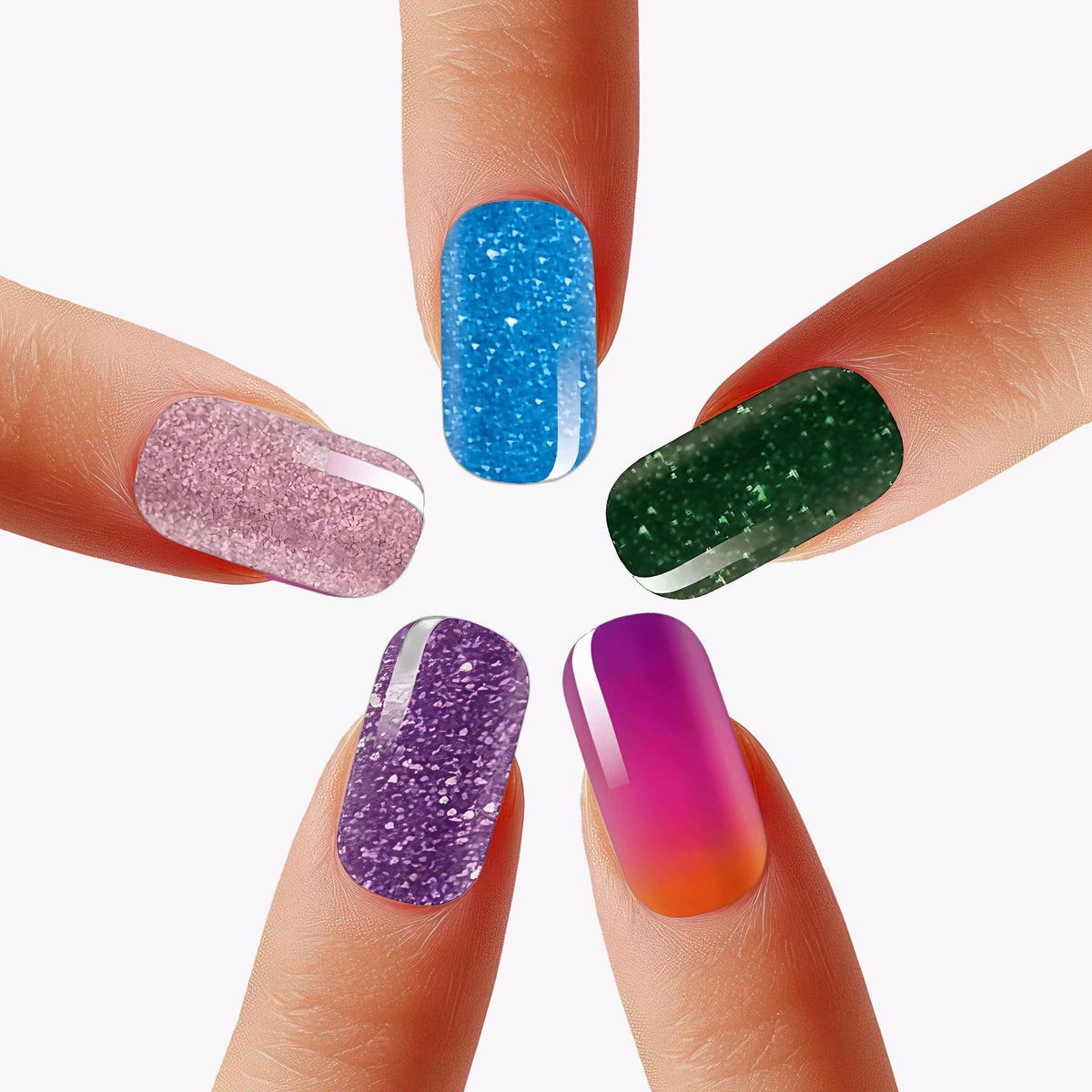 Nail wraps in glittery pink, blue, green, purple, and pink-orange ombré colour shades