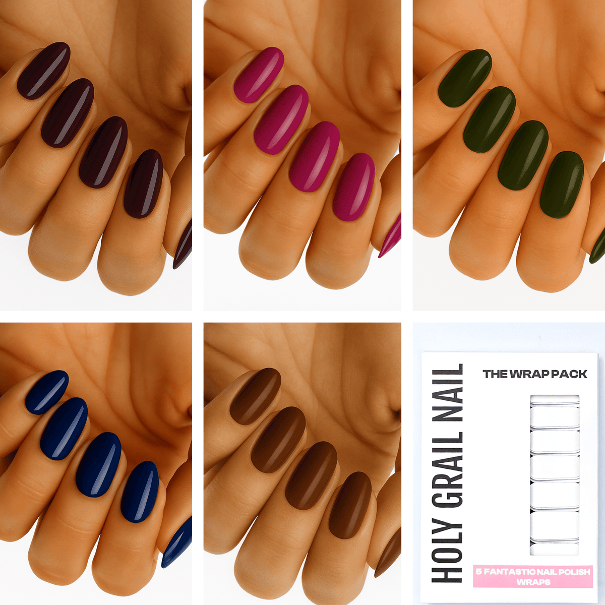 Holy Grail Nail wraps in glossy plum, magenta, olive, navy and chocolate brown shades