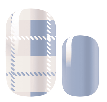 Blue tartan plaid nail wrap design showing individual wrap and solid blue colour option