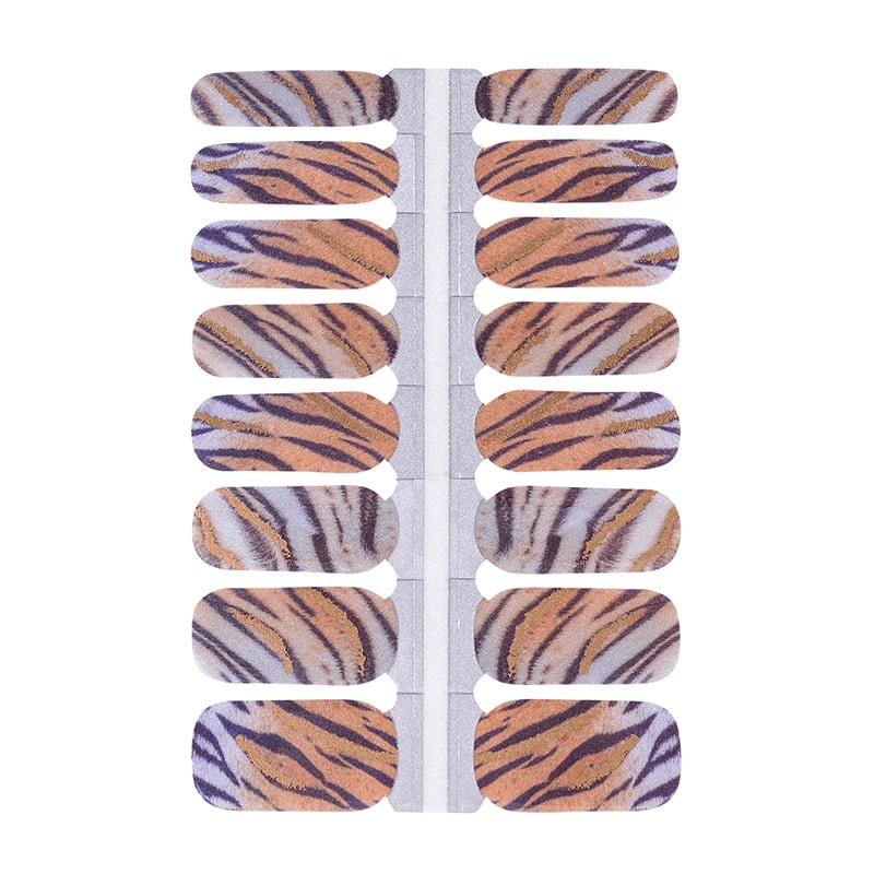 Tiger stripe nail wraps sheet showing purple metallic animal print design for at-home manicure