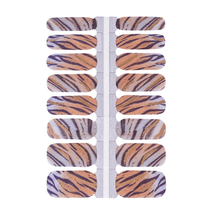 Tiger stripe nail wraps sheet showing purple metallic animal print design for at-home manicure