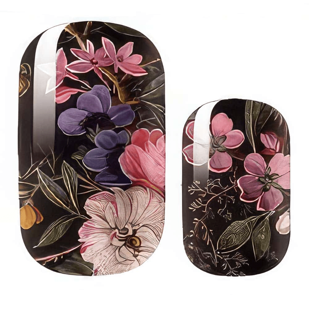 Non-UV nail wraps featuring dark floral pattern with pink purple flowers on black background
