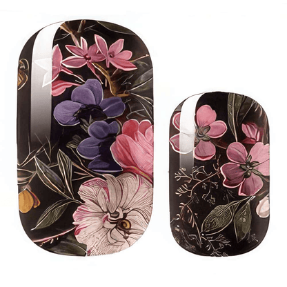 Non-UV nail wraps featuring dark floral pattern with pink purple flowers on black background