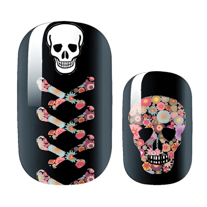 Gothic skull nail wraps with floral sugar skull design and crossbones pattern display