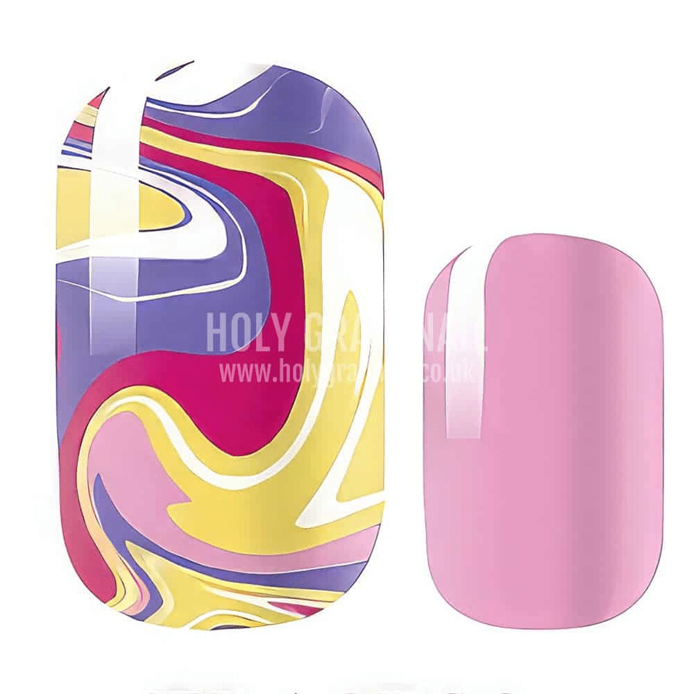 Colourful psychedelic nail wraps with swirl patterns in purple, pink and yellow