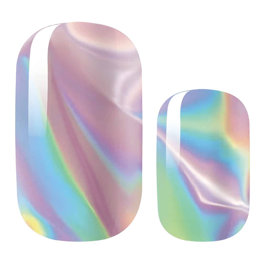 Two holographic nail wraps showing rainbow chrome finish with psychedelic swirl patterns