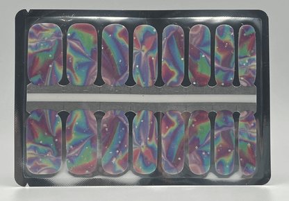 Holographic rainbow nail wraps with psychedelic swirl patterns in packaging for at-home manicure