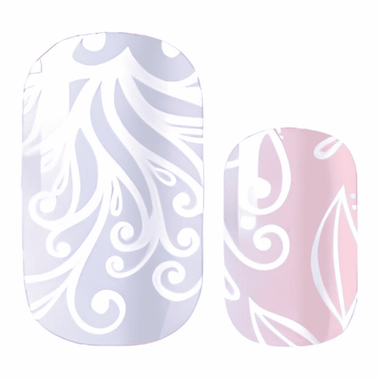 Purple ombre nail wraps with white swirl patterns and pink botanical design