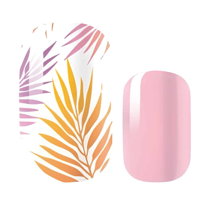 Pink and orange tropical fern nail art design close-up view