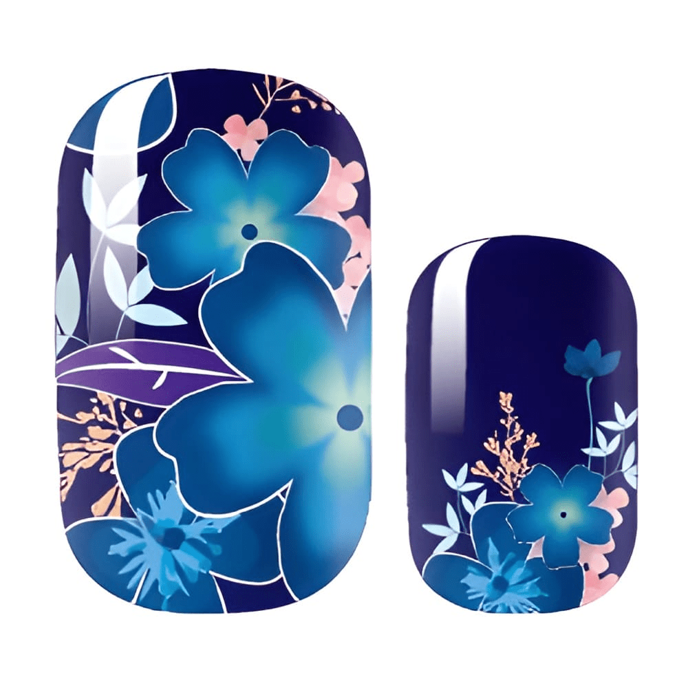 Blue tropical floral nail art design showing watercolour botanical patterns close-up
