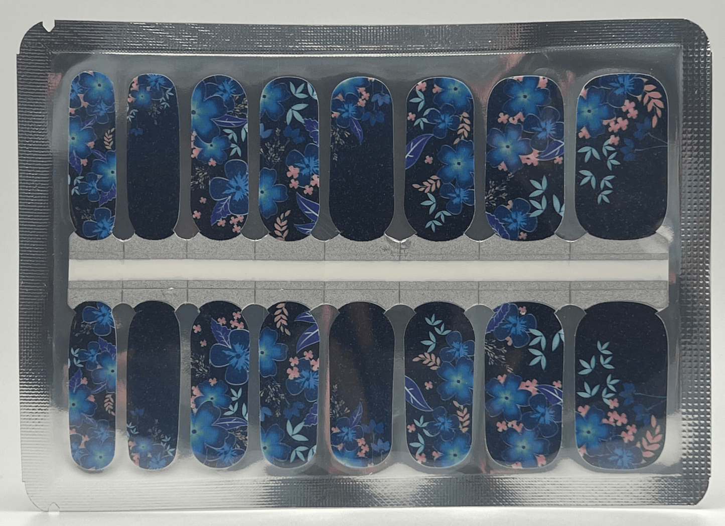 Navy blue tropical floral nail wraps sheet with botanical watercolour designs