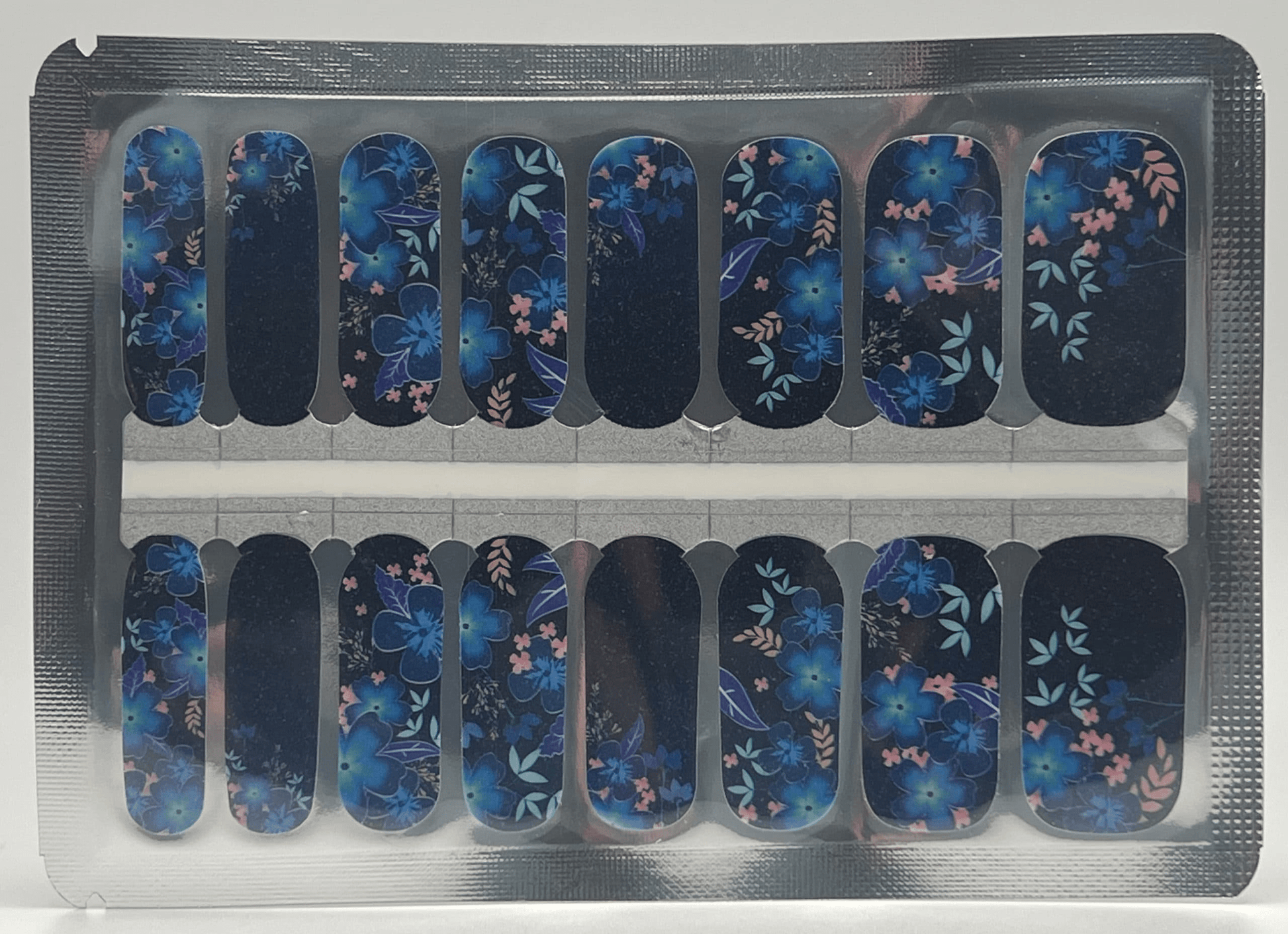 Navy blue tropical floral nail wraps sheet with botanical watercolour designs