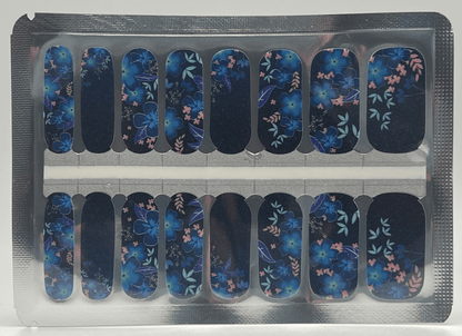 Navy blue tropical floral nail wraps sheet with botanical watercolour designs
