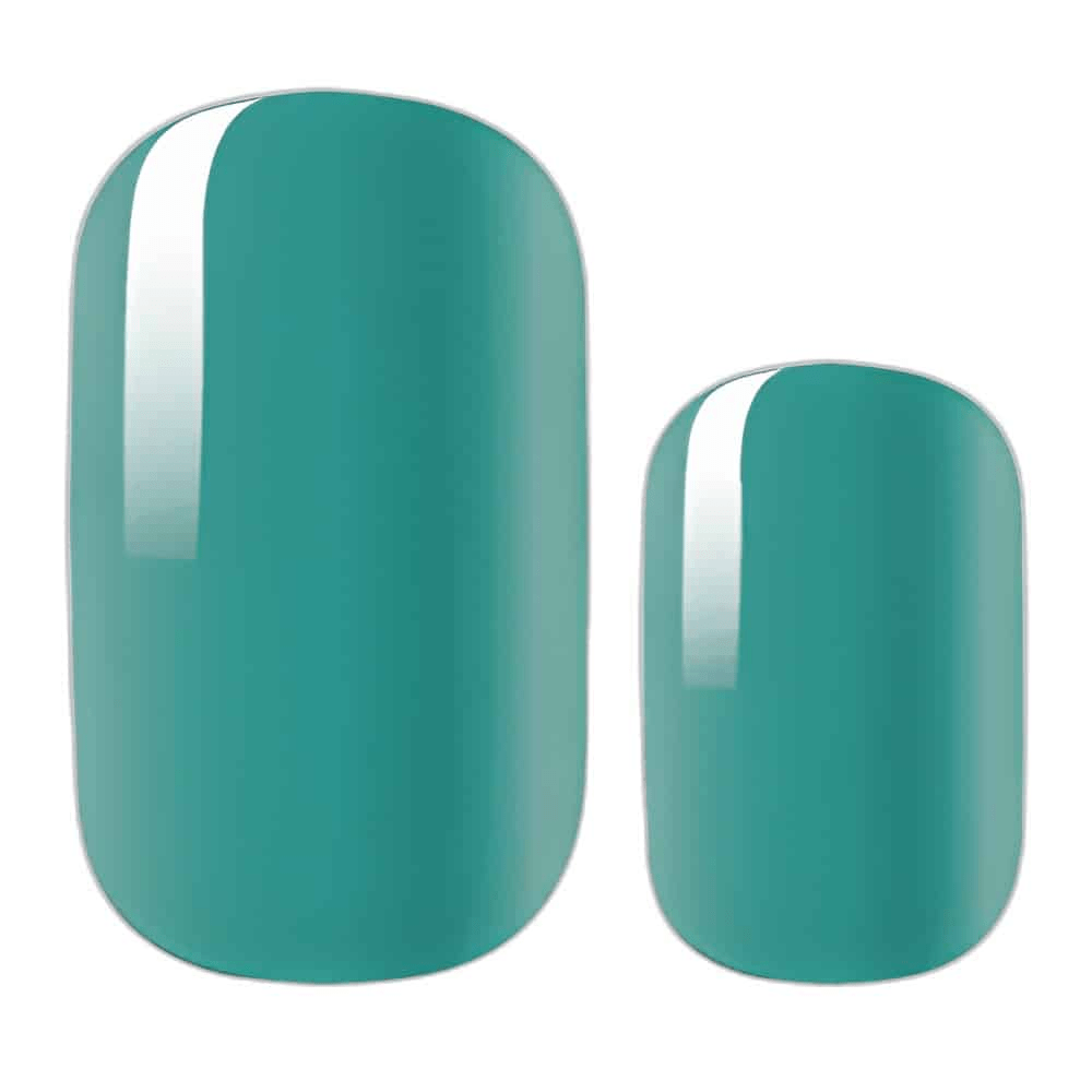 Glossy turquoise gel nail wraps in two sizes showing high shine finish