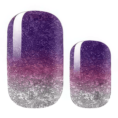 Purple to silver glitter ombre nail wrap design with sparkly gradient finish