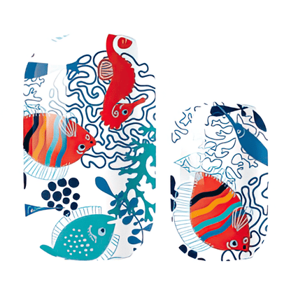 Marine life nail wraps sheet with colourful fish seahorse coral patterns for summer manicure