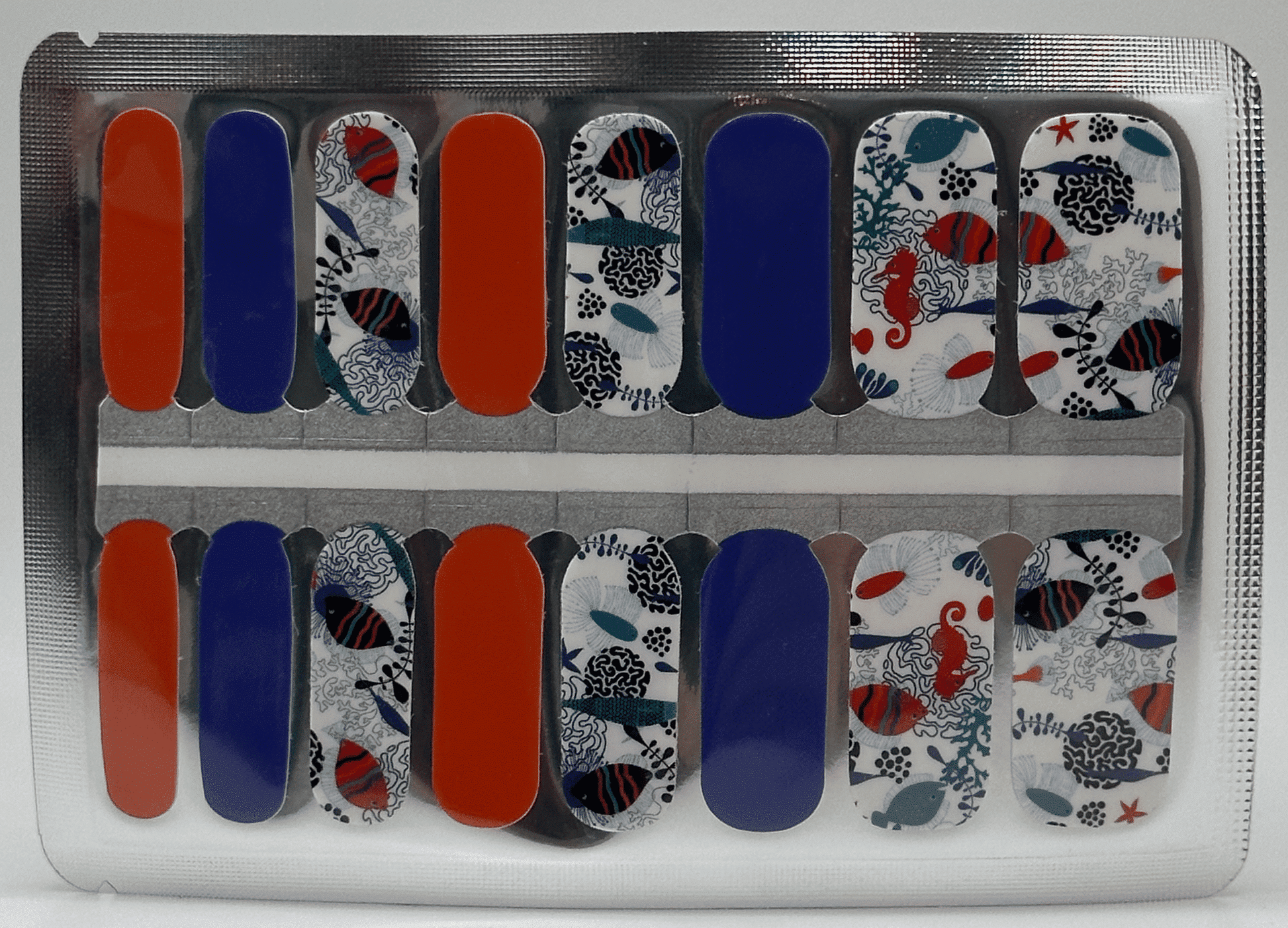 Non-UV nail wraps sheet featuring blue orange and marine life patterns for DIY manicure