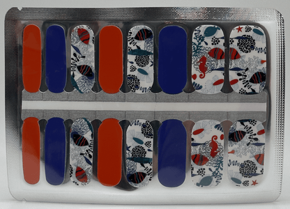 Non-UV nail wraps sheet featuring blue orange and marine life patterns for DIY manicure