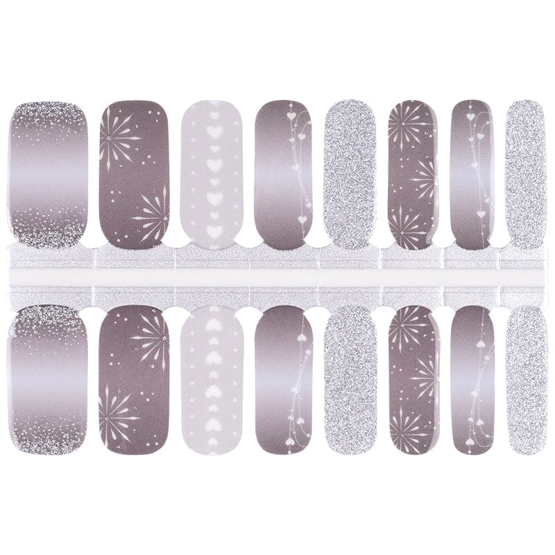 Grey and silver nail wraps with glitter, geometric patterns and metallic shimmer finish