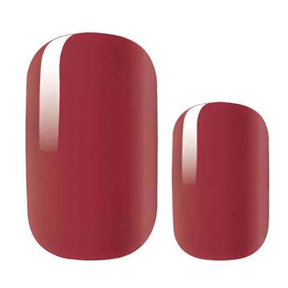 Glossy deep red nail wraps in two sizes showing vermilion finish for at-home manicure