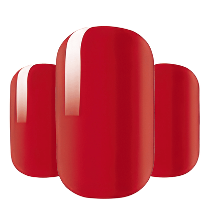 Three glossy red nail art wraps showing wide fit vermillion gel finish