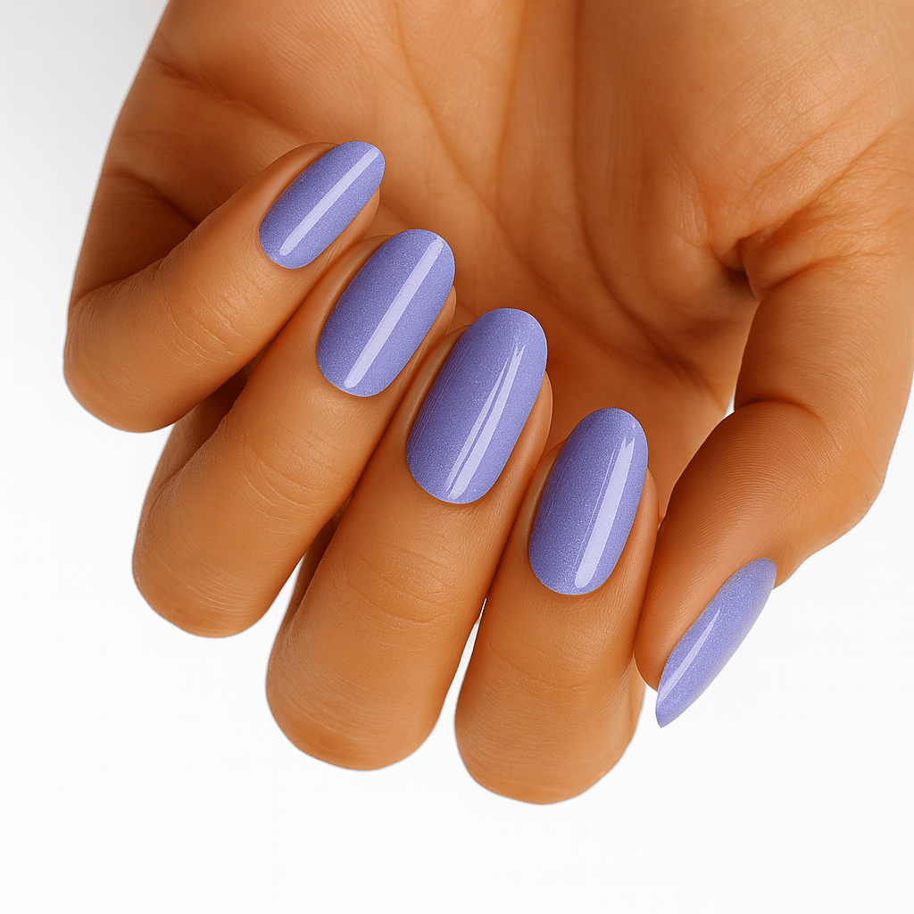 Lavender purple glossy nail wraps on hand showing elegant pastel manicure for at-home nail art