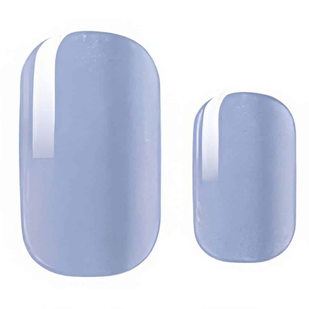 Two lavender purple glossy nail wrap strips showing solid colour pastel gel nail design