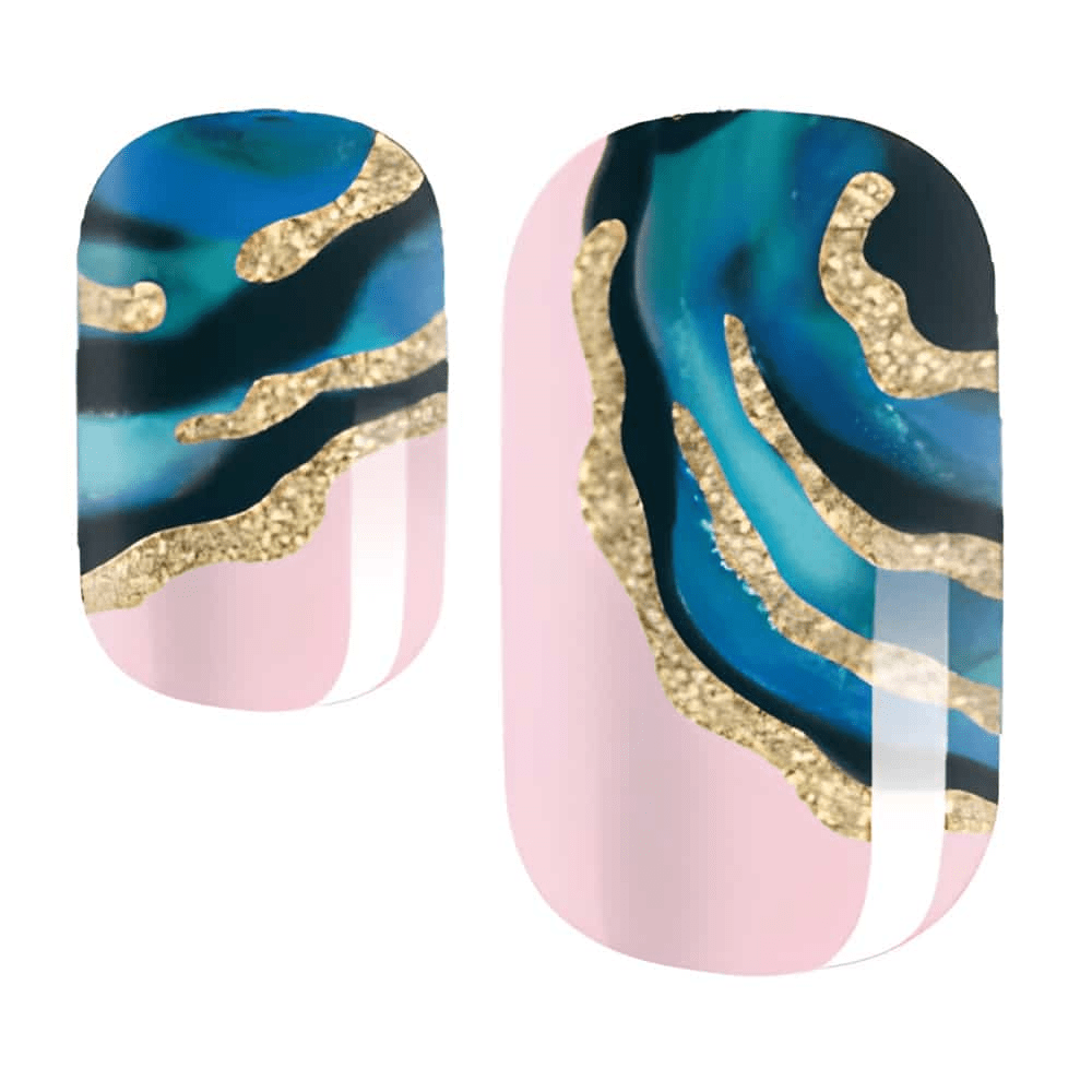 Blue marble nail wraps with gold glitter swirl pattern for at-home manicure