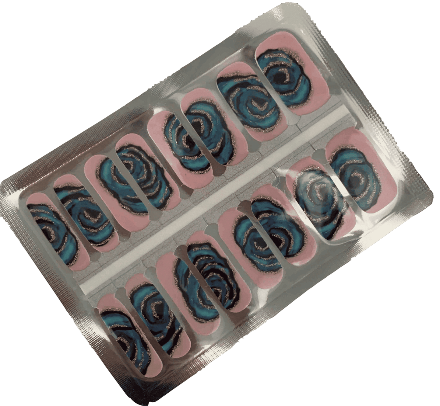 Non-UV nail wraps sheet showing blue metallic vortex swirl pattern designs