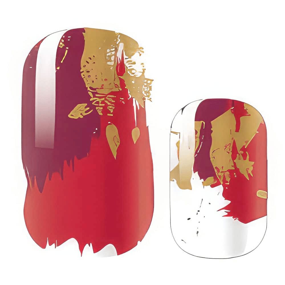 Red gold abstract brushstroke non-UV nail wraps with artistic painterly design