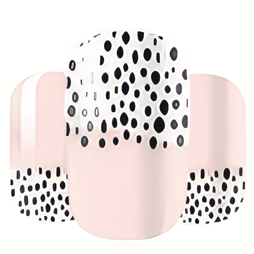 Wide fit nail wraps showing pink base with black polka dots non-UV design