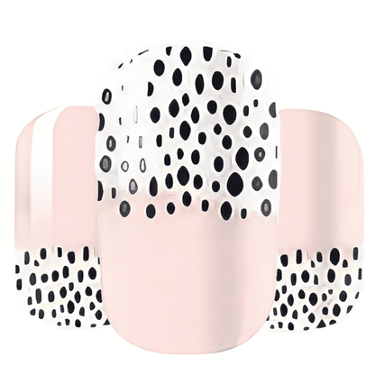 Wide fit nail wraps showing pink base with black polka dots non-UV design
