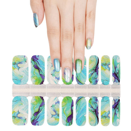Blue green marble nail wraps displayed with hand showing turquoise water pattern manicure