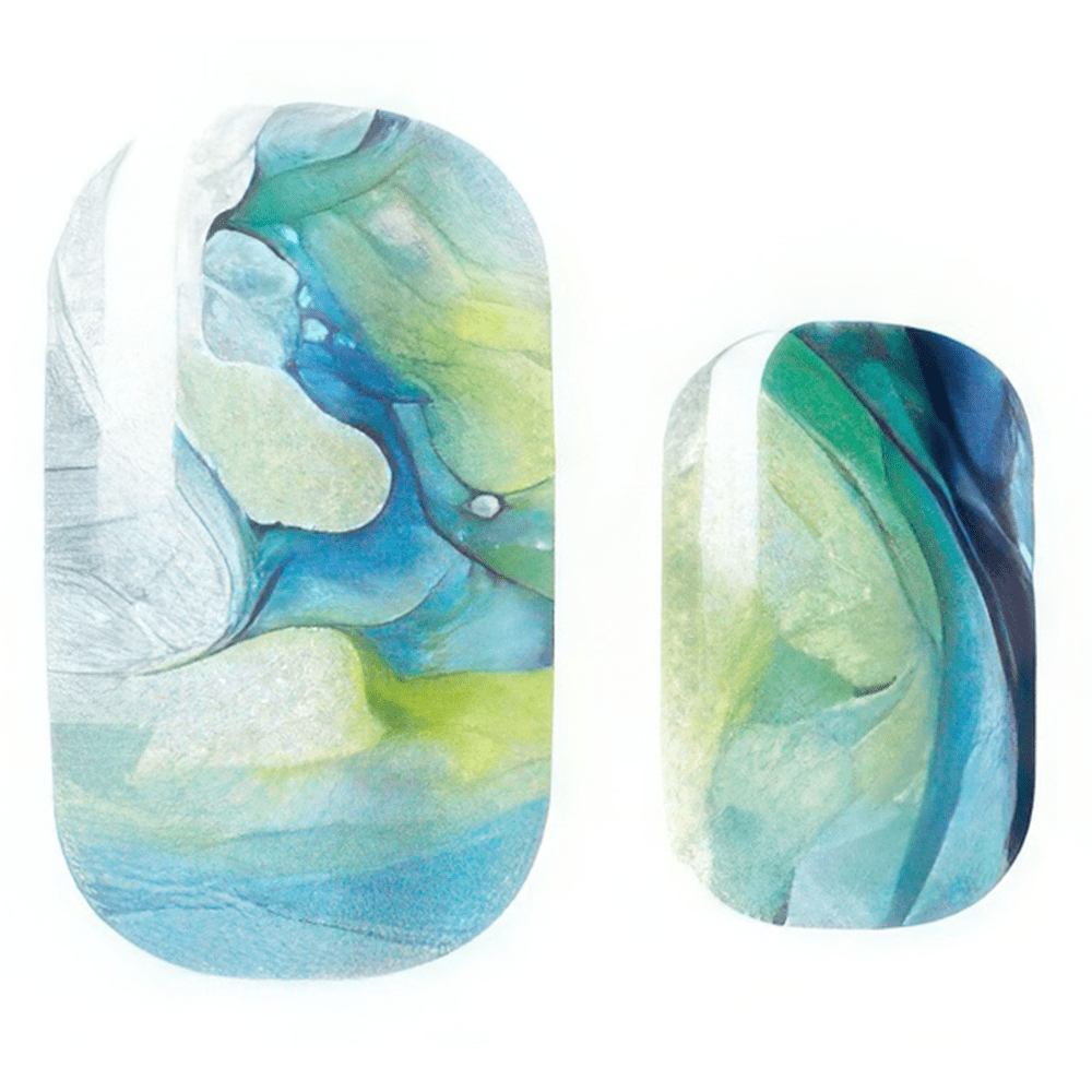 Blue green marble nail wraps with watercolour swirl pattern for at-home manicure