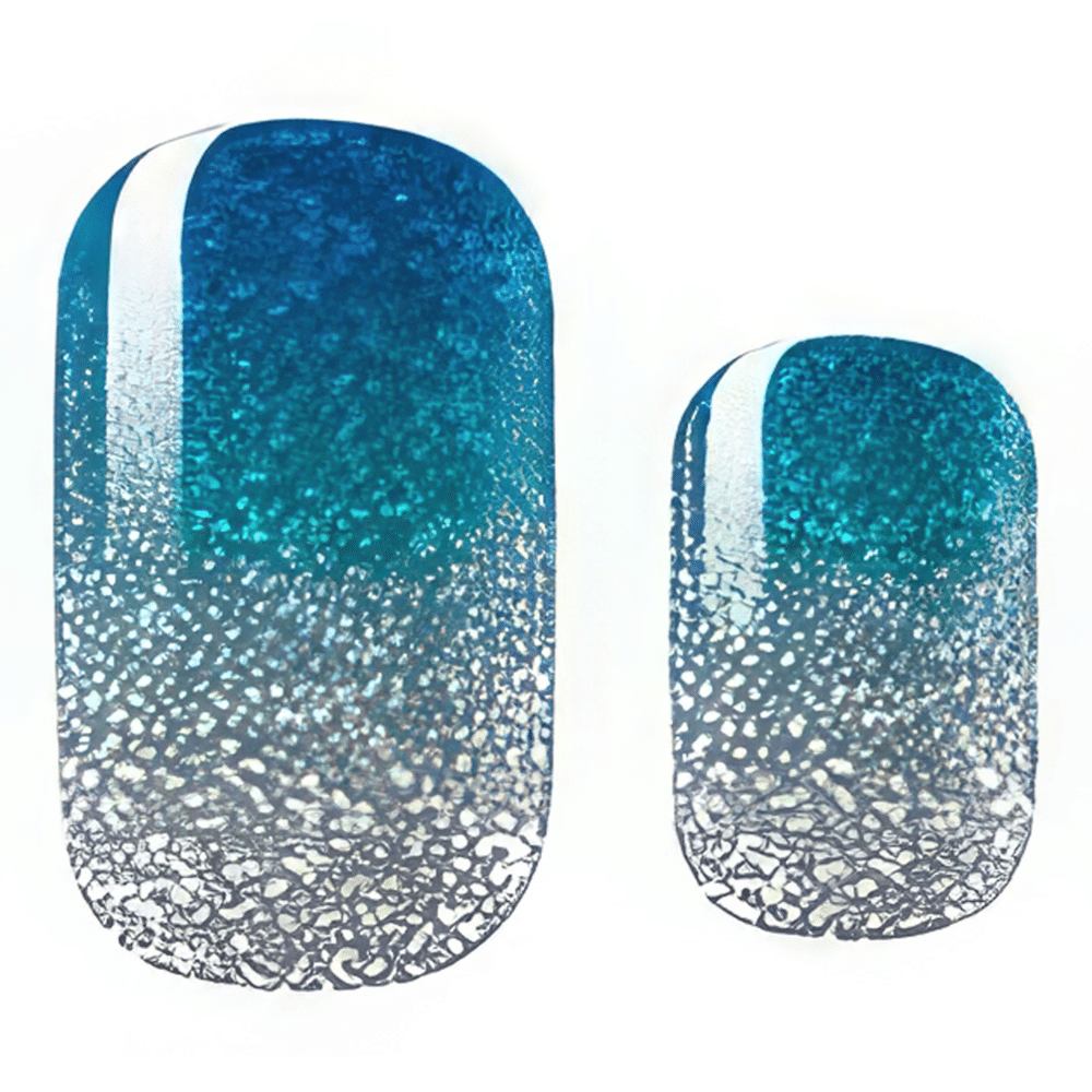 Ocean blue to silver glitter gradient nail wraps with metallic shimmer finish