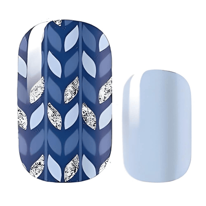 Blue and white leaf pattern nail wrap with geometric chevron design