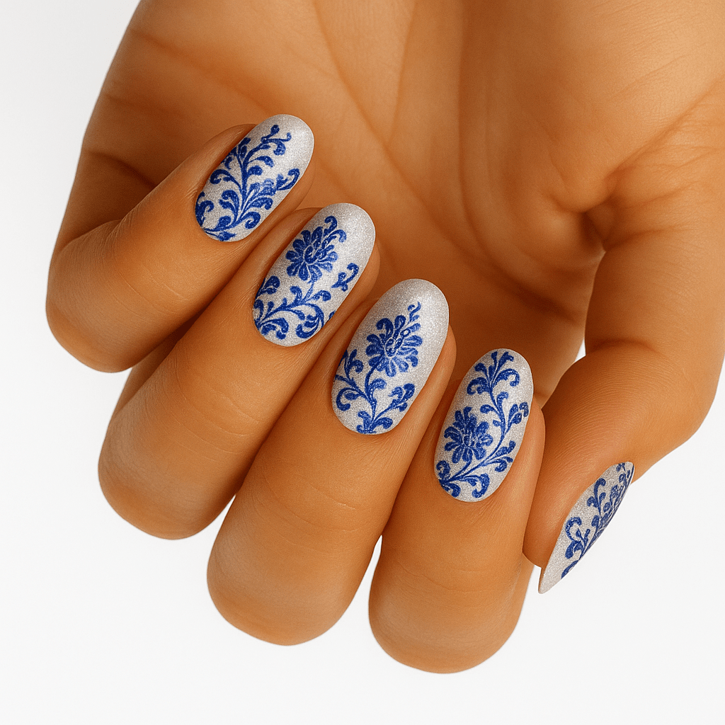 Blue and white porcelain floral nail wraps on hand showing elegant china pattern design
