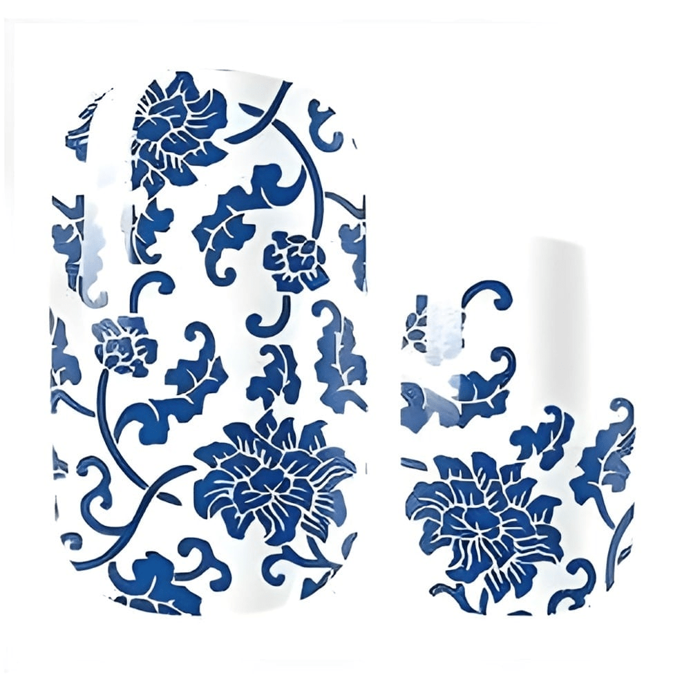 Non-UV nail wraps featuring blue porcelain floral pattern in classic china design