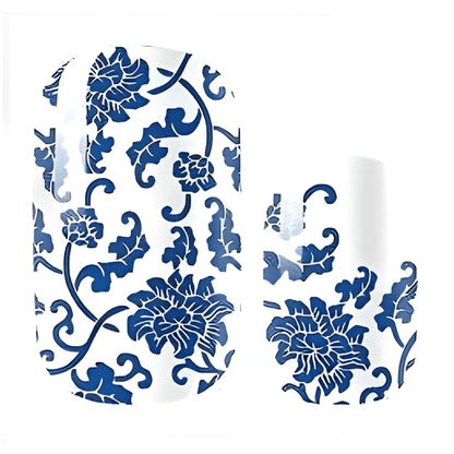 Non-UV nail wraps featuring blue porcelain floral pattern in classic china design