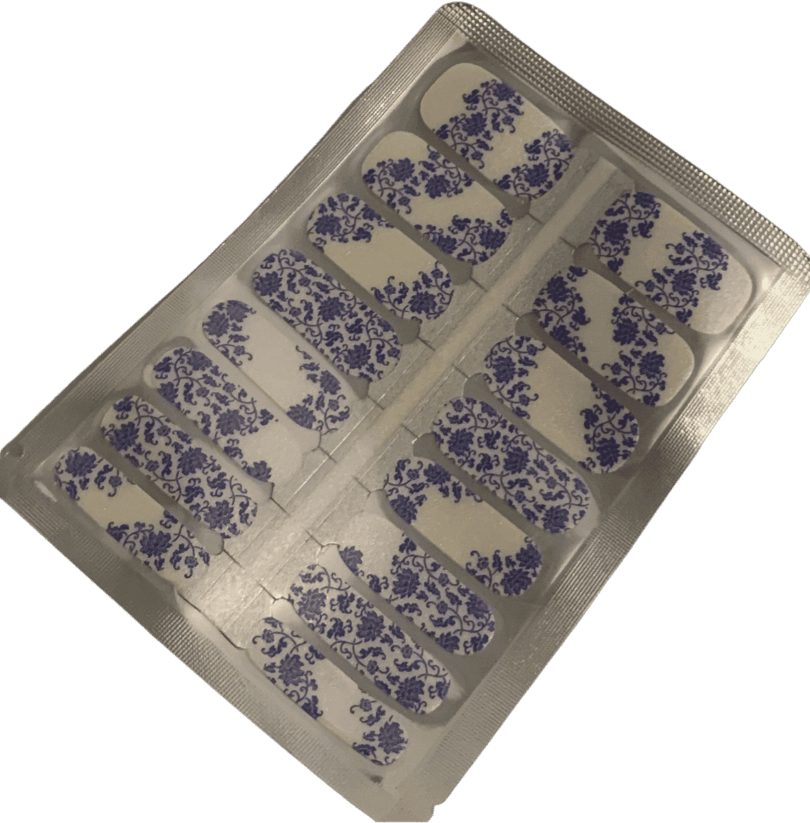 Blue floral non-UV nail wrap sheet showing traditional porcelain china pattern design